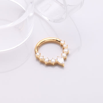 Detail View 1 of Pure24K Implant Grade Titanium Goddess Prong Teardrop Sparkle Clicker Hoop Ring-Clear Gem